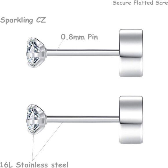 8 Pairs 14K Gold Plated Tiny Flat Back Stud Earrings - Hypoallergenic CZ Jewelry - Picture 2 of 7